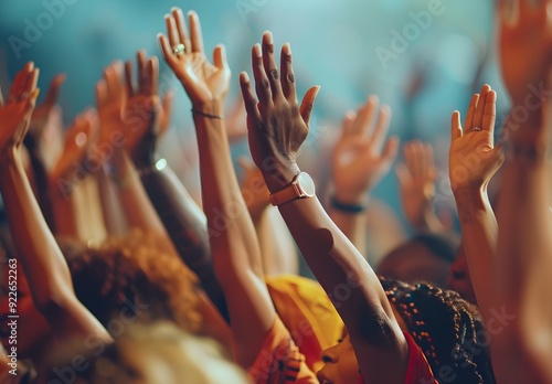 A diverse congregation singing hymns together in a modern church, hands raised in worship. The image celebrates unity, faith, banner with copyspace for text.