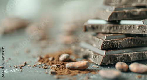 Dark Chocolate, Cocoa Powder, and Coffee Beans on Rustic Surface