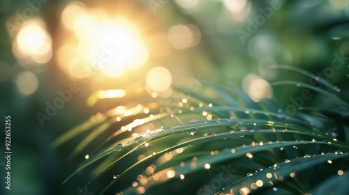 Sunlight Filtering Through Lush Green Palm Leaves in a Dense Tropical Forest