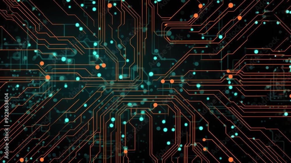 Close-up of a digital circuit board with glowing lights, showcasing intricate technology and modern innovation. Close-up of a digital circuit board with glowing lights, showcasing intricate technology and modern innovation.