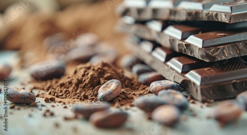 Rich Chocolate Bars With Cocoa Powder And Beans On Rustic Surface