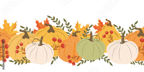 Autumn pumpkins and forest leaves and berries horizontal seamless border. Seasonal fall banner design for greeting. Illustration