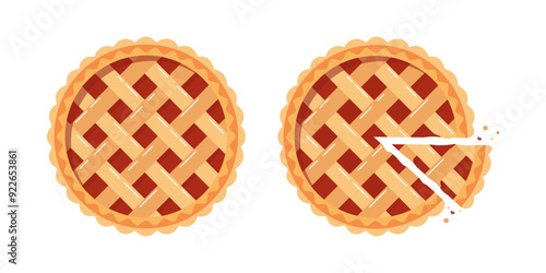 Pie top view, whole and cut. Cooked delicious round cakes desserts, food illustration