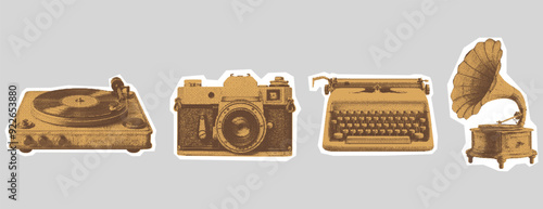 Vintage old equipment kit. Collage colored gramophone, photographic camera, record player, typewriter. Cutout surreal element for retro scrapbook. Contemporary stickers with photocopy dotted effect.