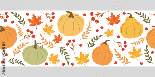 Autumn pumpkins and forest leaves and berries horizontal seamless border. Seasonal fall banner design for greeting. Illustration