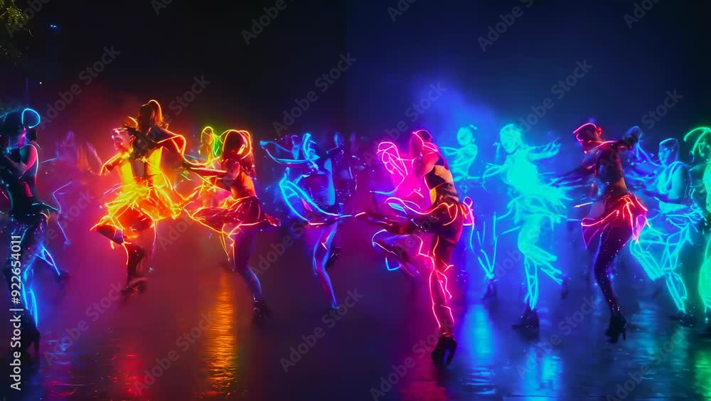 A group of people, mid-20s to 30s, creates vibrant light trails while walking at night. The rainbow-colored lights reflect an urban nightlife scene, blending motion and color under a dark sky. A group of people, mid-20s to 30s, creates vibrant light trails while walking at night. The rainbow-colored lights reflect an urban nightlife scene, blending motion and color under a dark sky.