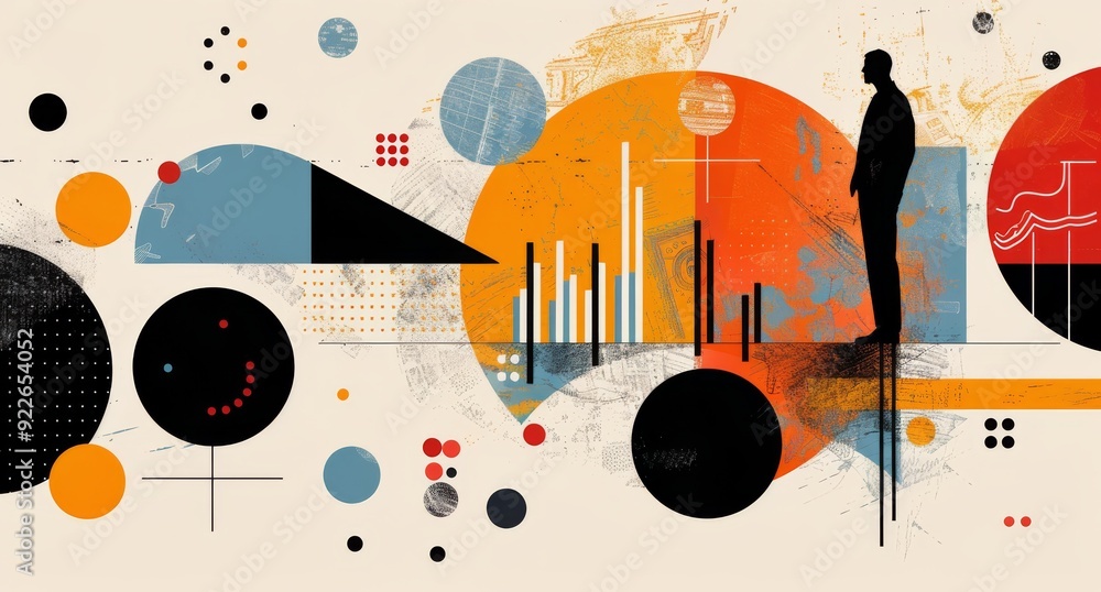 Obraz premium Person Standing on a Column Among Abstract Colorful Shapes and Charts