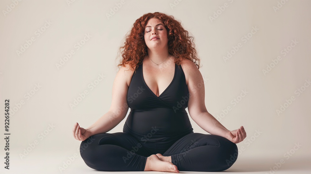 plus size red head woman achieving inner peace through a tranquil yoga practice in black workout wear, radiating serenity isolated on blank background plus size red head woman achieving inner peace through a tranquil yoga practice in black workout wear, radiating serenity isolated on blank background