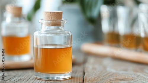 Glass Bottle With Amber Liquor and Green Plant in Modern Cafe