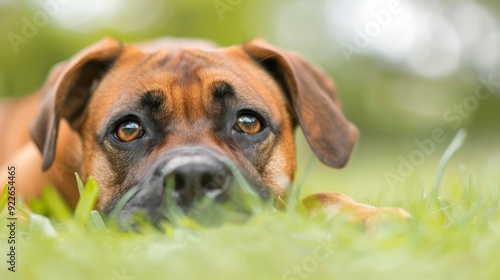 Happy Labrador Retriever Relaxing On Green Grass In A Sunlit Park