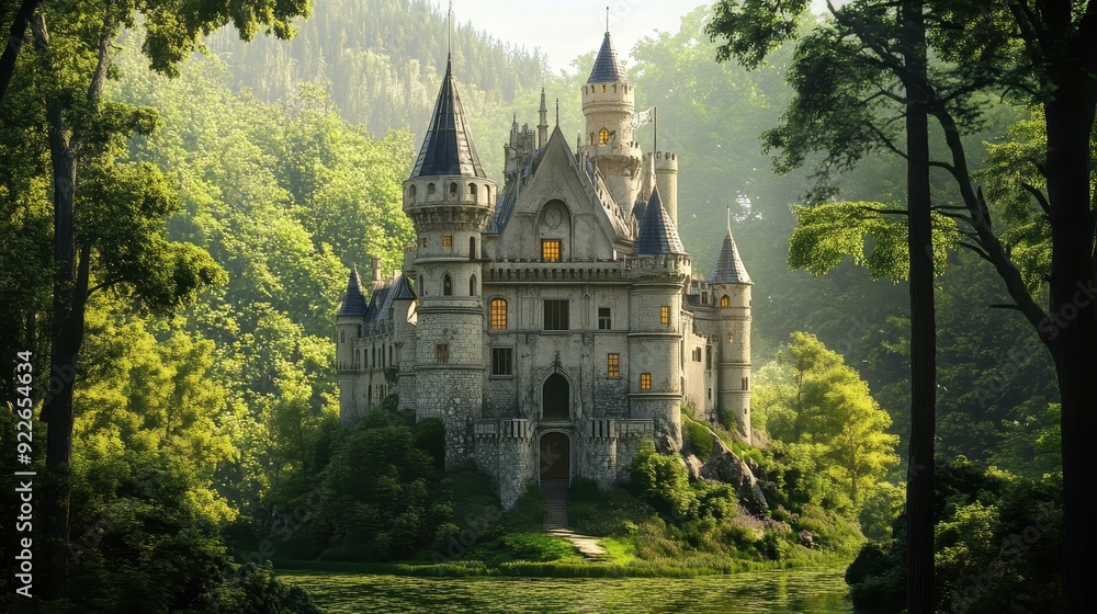 Naklejka premium Majestic Stone Castle Surrounded by Lush Green Forest and Water