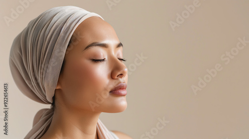 close up portrait of an arab  woman closing her eyes as she feels good in her smooth skin isolated on blank background. Concept for beauty or makeup brand for diversity and inclusion 