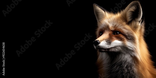 Photo of a fox isolated against a black background, emphasising the fox's majestic features. Wildlife and conservation concept, space for copy.