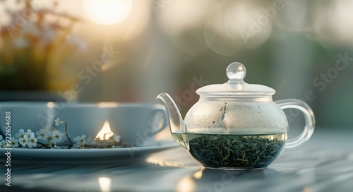 Glass Teapot Filled With Tea Leaves During Golden Hour Near Fresh Green Plants