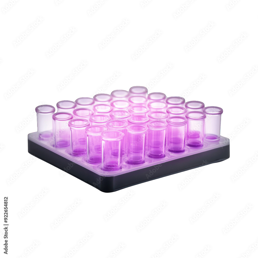 A vibrant array of purple test tubes arranged neatly on a laboratory tray, ideal for scientific research and experimentation. transparent background A vibrant array of purple test tubes arranged neatly on a laboratory tray, ideal for scientific research and experimentation. transparent background