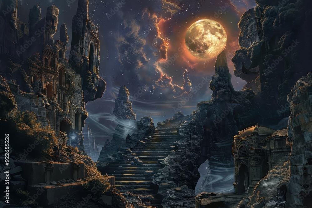 Stone Pathway Leading to a Moonlit, Ruined City Stone Pathway Leading to a Moonlit, Ruined City