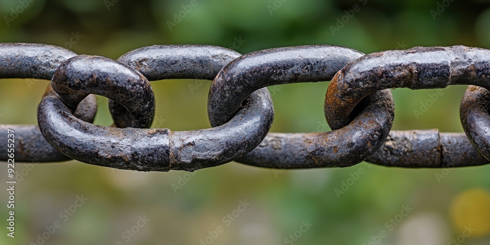 Close Up of Rusty Chain Links with Green Blurred Background. Close Up of Rusty Chain Links with Green Blurred Background.