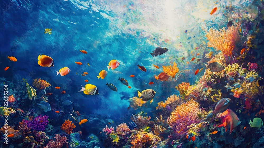 Naklejka premium Vibrant Underwater Coral Reef with Colorful Fish - Tropical Ocean Scene.