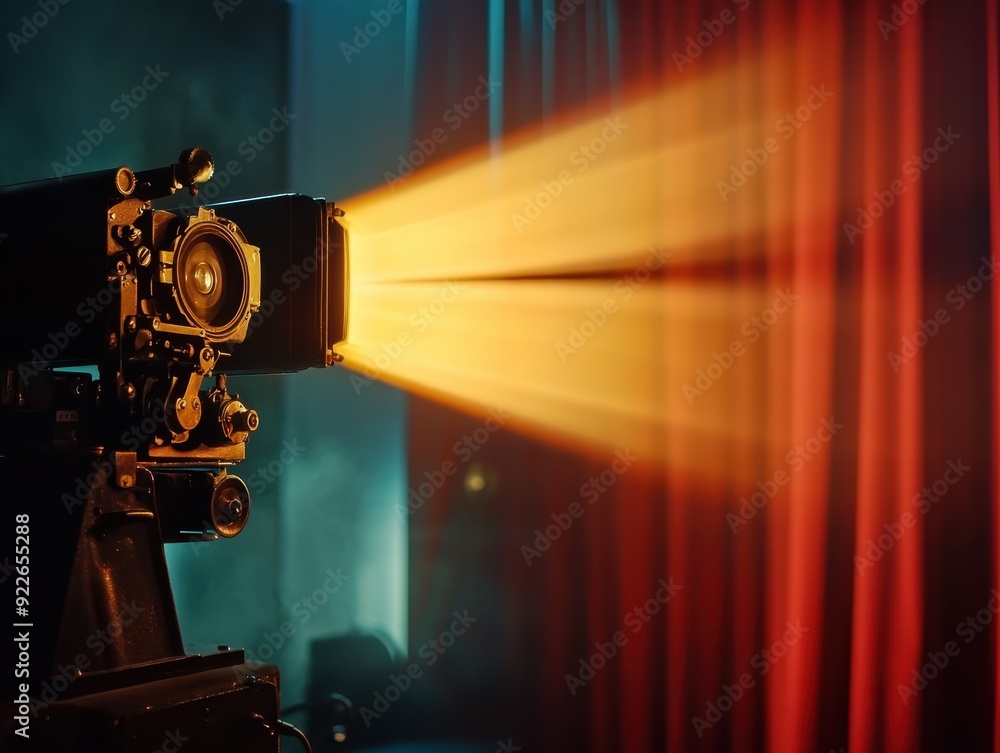 Fototapeta premium Vintage Film Projector Casting Light on Red Curtains - Cinematic, Retro, Movie Theater