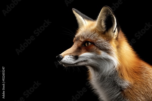 Photo of a fox isolated against a black background, emphasising the fox's majestic features. Wildlife and conservation concept, space for copy.