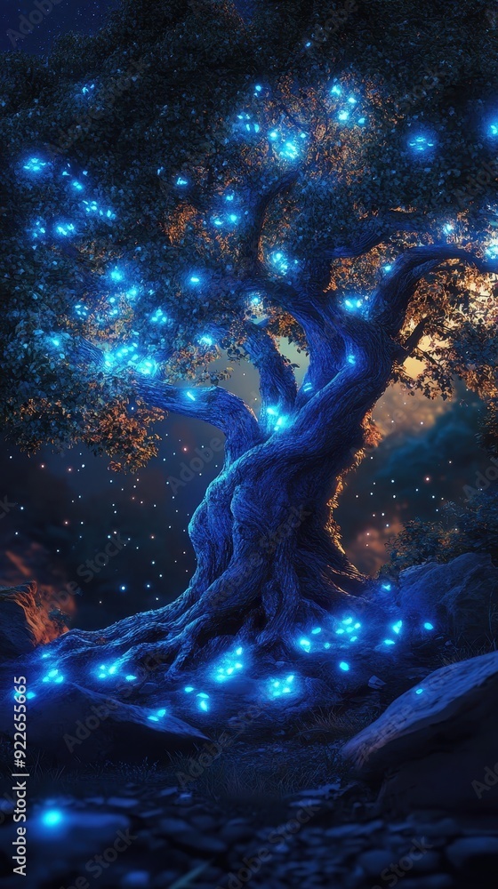 Fototapeta premium Mystical Tree with Glowing Lights at Night - Fantasy Forest Scene.