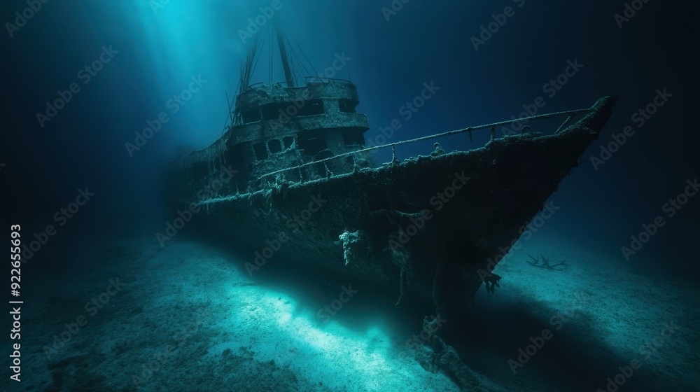 Sunbeam Illuminates Shipwreck on Ocean Floor. Sunbeam Illuminates Shipwreck on Ocean Floor.