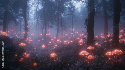 Glowing Mushrooms in a Foggy Forest - Mystical Fantasy Landscape.