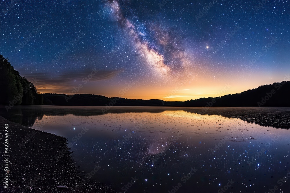 Milky Way Galaxy Reflecting in Still Lake Water at Night. Milky Way Galaxy Reflecting in Still Lake Water at Night.