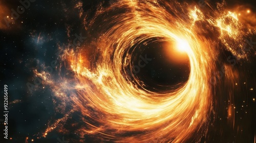 Fiery Cosmic Vortex - Abstract Black Hole Illustration with Glowing Energy Stream and Starry Background.