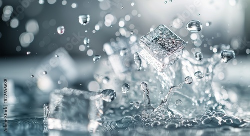 Ice Cubes Splashing in Water in a Bright and Reflective Setting