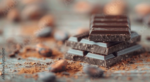 Dark Chocolate, Cocoa Powder, and Coffee Beans on Rustic Surface