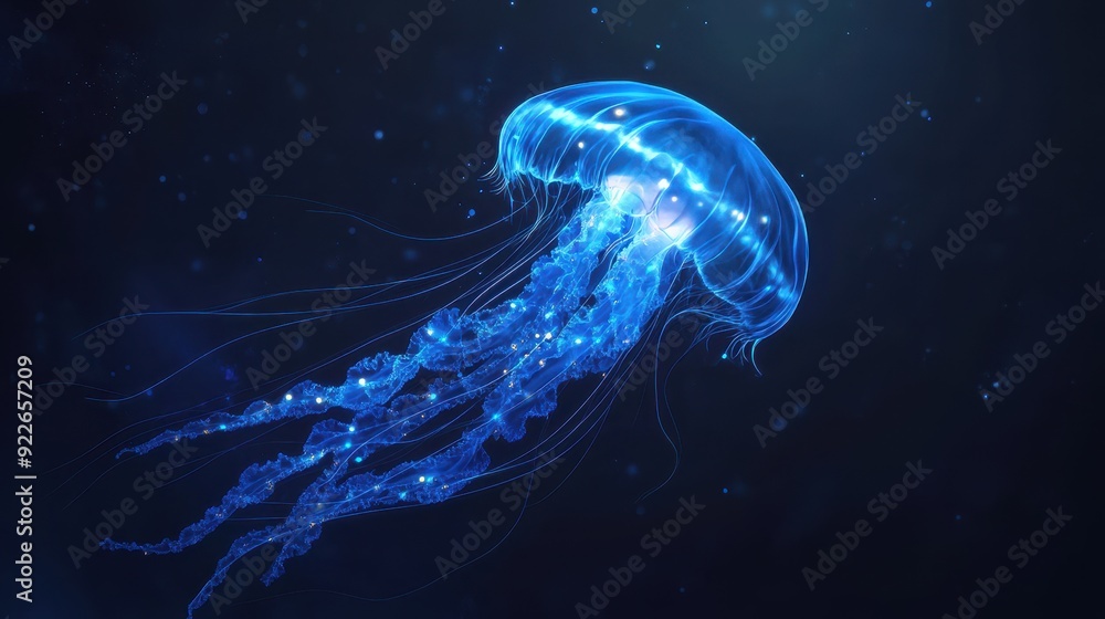 Naklejka premium Bioluminescent Jellyfish Swimming in Dark Blue Water - Underwater Photography.