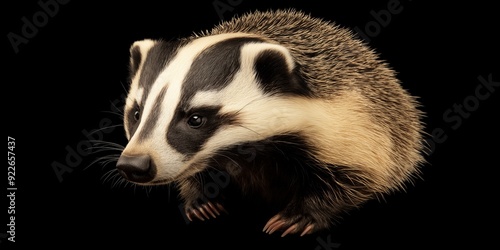 Photo of a badger isolated against a black background, emphasising the badger's majestic features. Wildlife and conservation concept, space for copy.