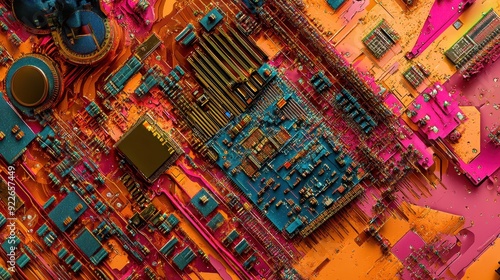 Abstract Circuit Board Pattern with Vibrant Colors and Textures.