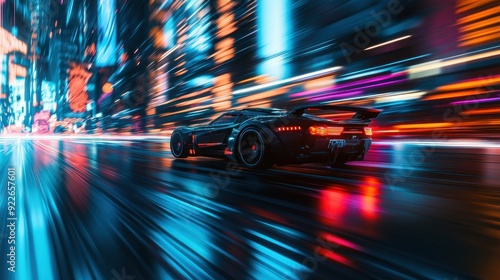 Futuristic Sports Car Driving at High Speed Through Neon City at Night.