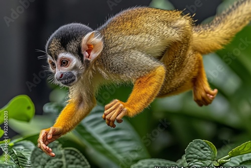 An image showcasing a squirrel monkey leaping between branches with agility, demonstrating its active and social behavior in the rainfores photo