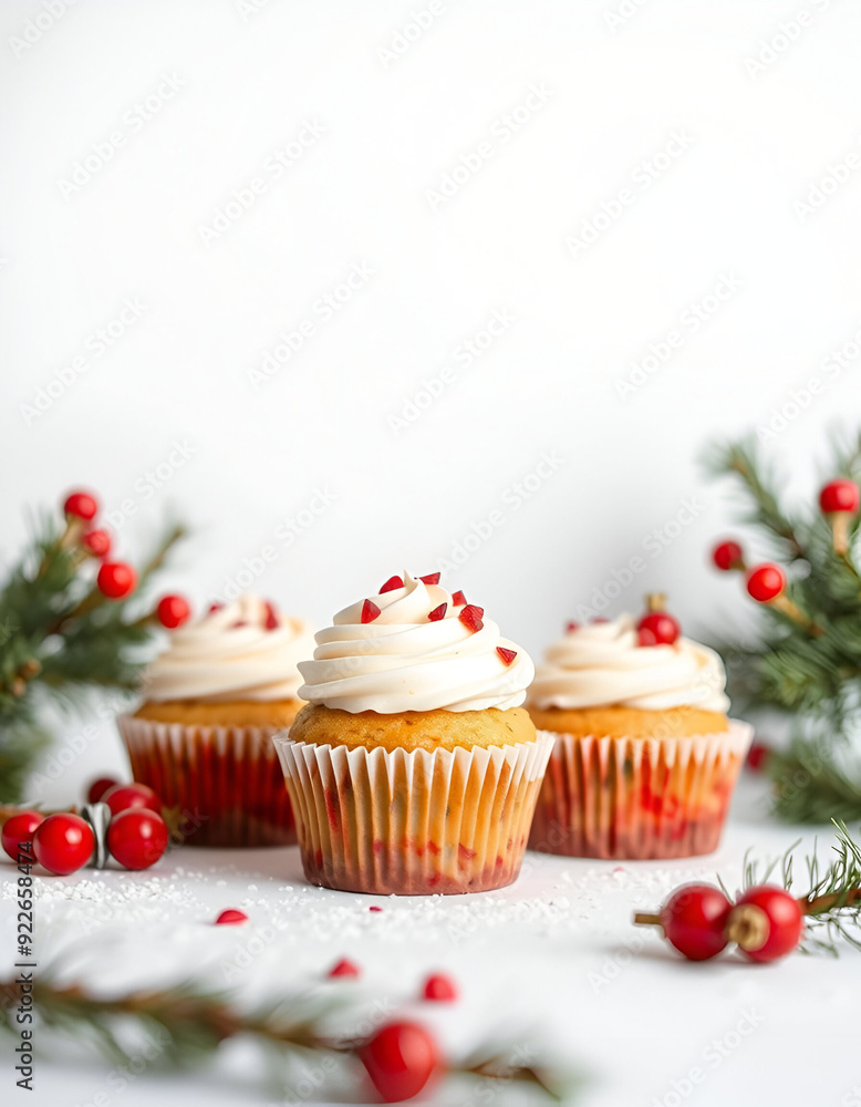 A red velvet cupcake with cream cheese frosting, topped with fresh cranberries and holly leaves, surrounded by additional cranberries on a white background A red velvet cupcake with cream cheese frosting, topped with fresh cranberries and holly leaves, surrounded by additional cranberries on a white background