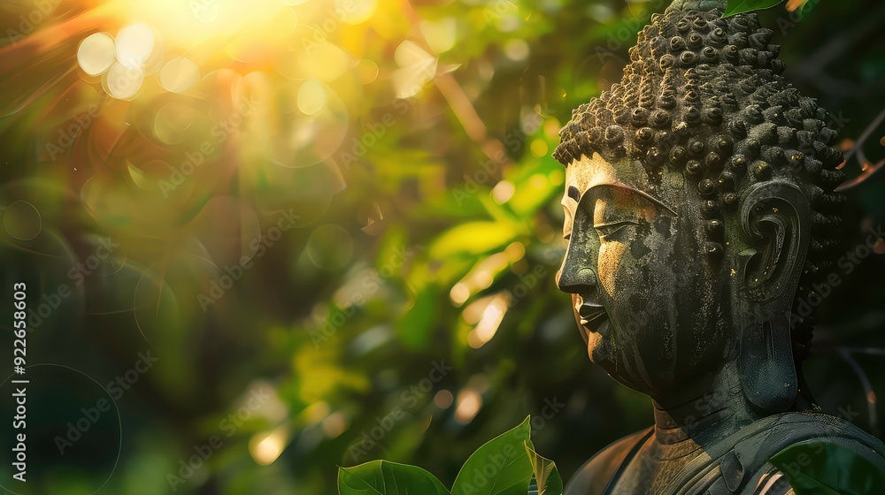 A close-up of a weathered Buddha statue in profile, bathed in warm sunlight filtering through the trees, creating a serene atmosphere. A close-up of a weathered Buddha statue in profile, bathed in warm sunlight filtering through the trees, creating a serene atmosphere.