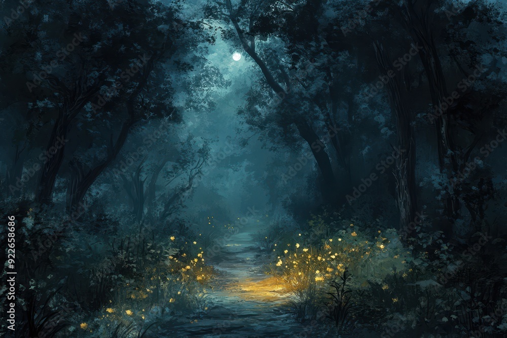 Moonlight Path Through Eerie Forest With Glowing Flowers. Moonlight Path Through Eerie Forest With Glowing Flowers.