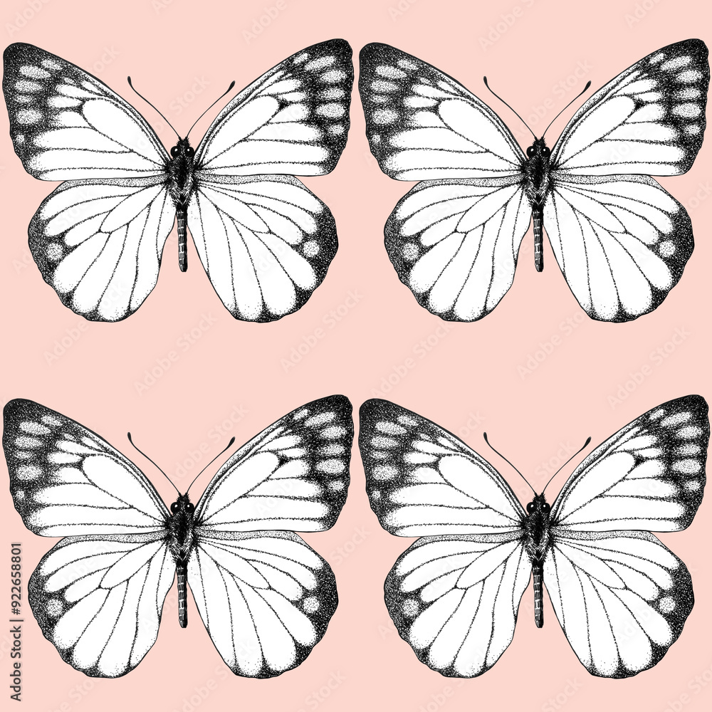 Obraz premium Seamless pattern of realistic butterfly. Hand drawn illustration. Black and white simple. Painted butterflies elements on pink background. Animal motif. For fabric, textile, design, banner, wrapping