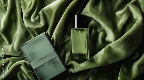 Elegant Perfume Bottle on Luxurious Green Satin Fabric. Generative AI