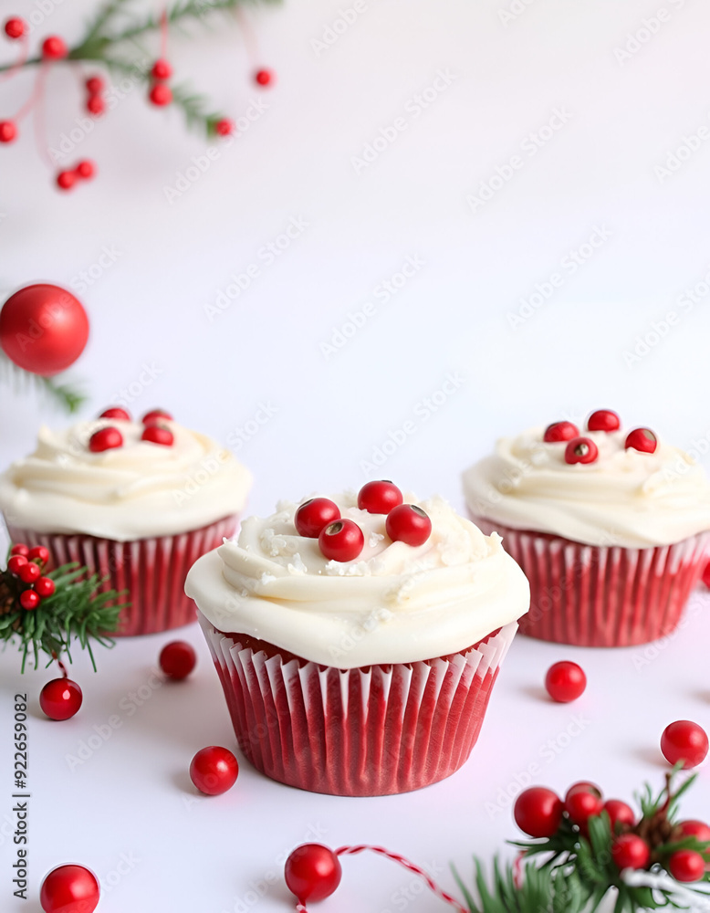 A red velvet cupcake with cream cheese frosting, topped with fresh cranberries and holly leaves, surrounded by additional cranberries on a white background A red velvet cupcake with cream cheese frosting, topped with fresh cranberries and holly leaves, surrounded by additional cranberries on a white background