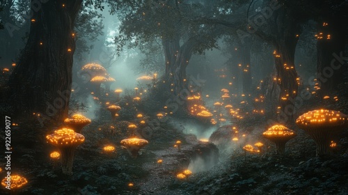 Enchanted Forest with Glowing Mushrooms and Foggy Path - Fantasy Nature Scene.