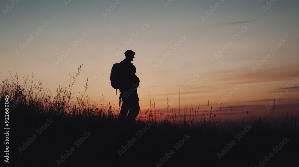 Silhouette of a Man with Backpack Standing in a Field at Sunset. Silhouette of a Man with Backpack Standing in a Field at Sunset.