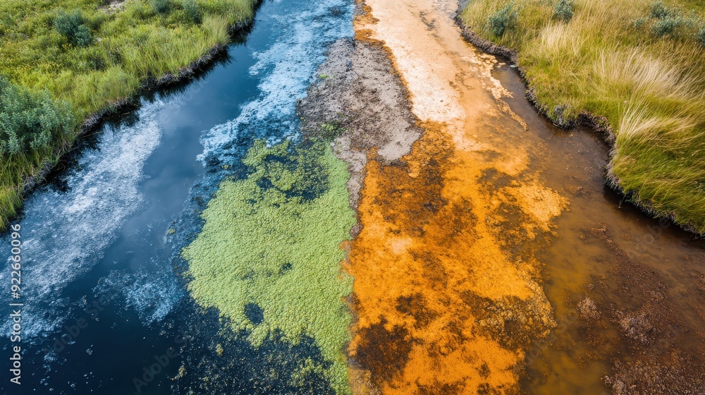 Aerial View of a Colorful River with Green Algae, Blue Water, and Orange Sediment. Aerial View of a Colorful River with Green Algae, Blue Water, and Orange Sediment.