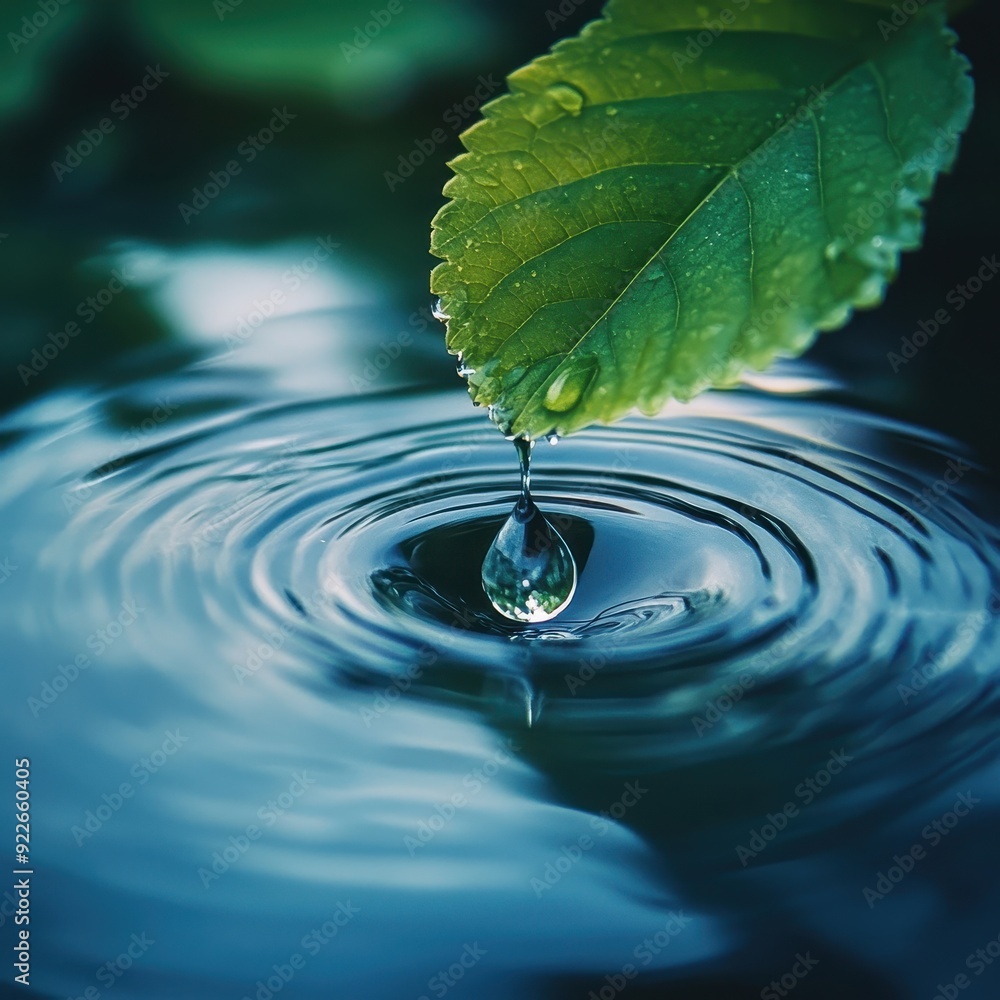 Water Droplet Falling from Green Leaf Creating Ripples on Blue Water Surface - Nature Photography. Water Droplet Falling from Green Leaf Creating Ripples on Blue Water Surface - Nature Photography.