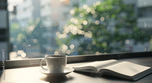 Cozy Morning With a Warm Cup and Open Book by the Sunlit Window