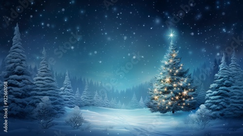 A serene winter landscape featuring a decorated Christmas tree amidst snowy pine trees.