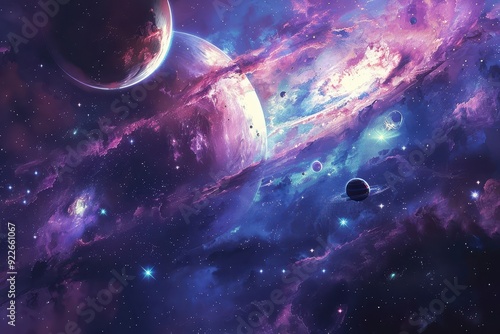 Colorful planets and stars in the vastness of space.