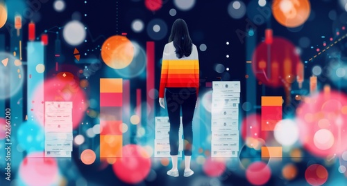 Person Standing on a Column Among Abstract Colorful Shapes and Charts
